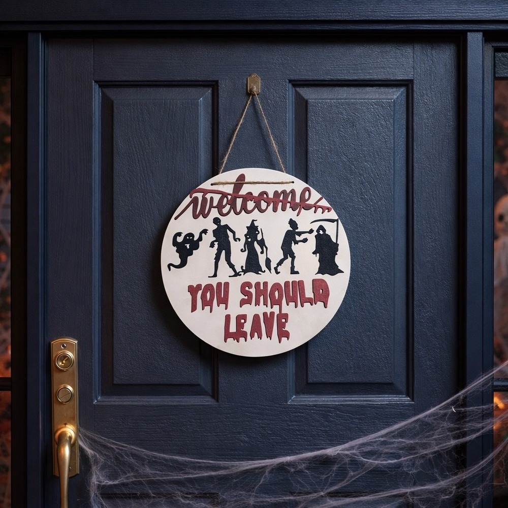 Round Halloween Welcome You Should Leave Hanging Sign Ghost Witch Grim Reaper - Picture 2 of 4